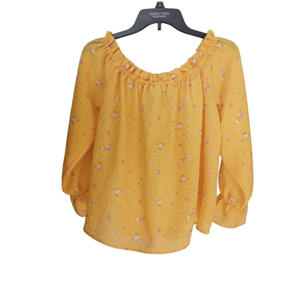 Divided H&M Women’s Off Shoulder Blouse Size 8 Yellow Floral Boho Long Sleeve - Picture 2 of 5